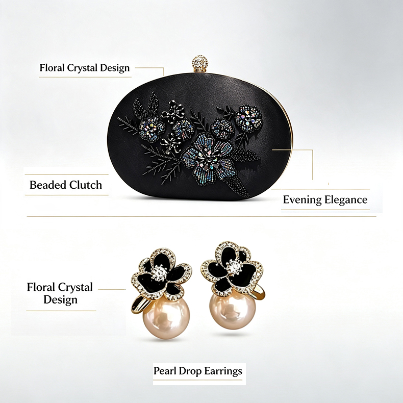 Hard Shell Evening Clutch Set Infographic Beaded hard shell evening clutch set custom hard shell clutch with matching floral crystal pearl earrings