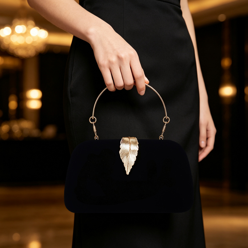 Golden Leaf Hard Shell Purse, Satin Velvet Hard Shell Handbag