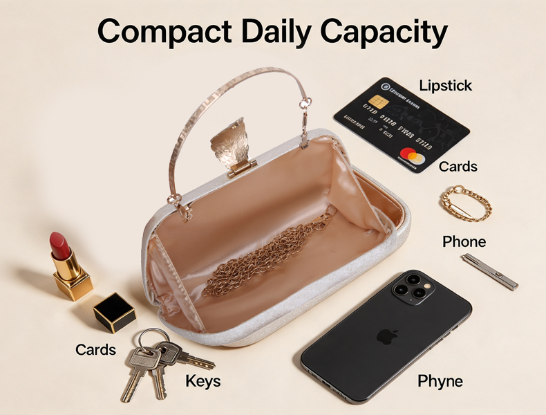 Inside view of satin velvet hard shell handbag, golden leaf hard shell purse, hard shell evening clutch with enough space for phone, lipstick, cards and keys