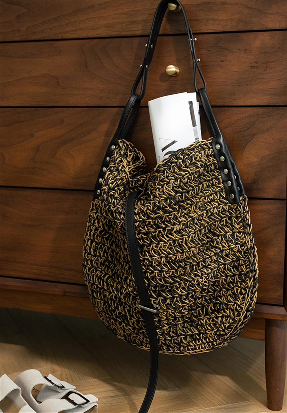 Handcrafted Grass-woven Tote Bag with Leather Patc